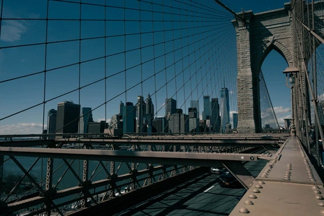 Brooklyn Bridge from an angle with Manhattan skyline in background